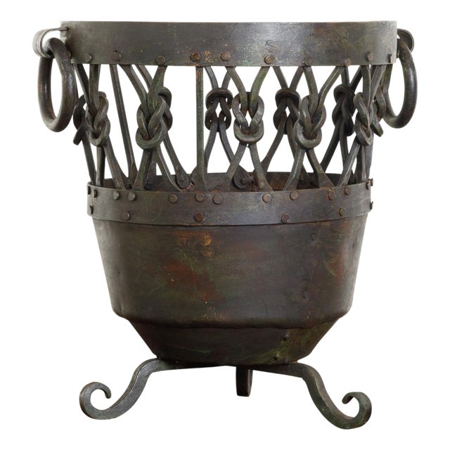 English Mid 20th Century Metal Brazier / Pot with Knotted Motifs and Scrolling Feet For Sale
