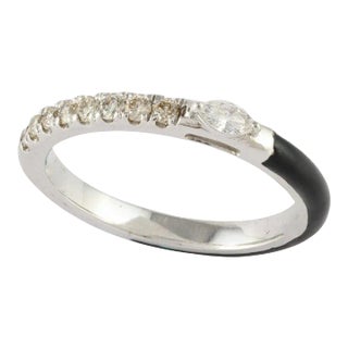 Black Enamel Diamond Stackable Band Ring 14k Solid White Gold Size 7 For Sale