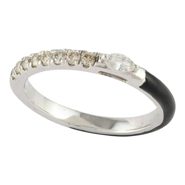Black Enamel Diamond Stackable Band Ring 14k Solid White Gold Size 7 For Sale
