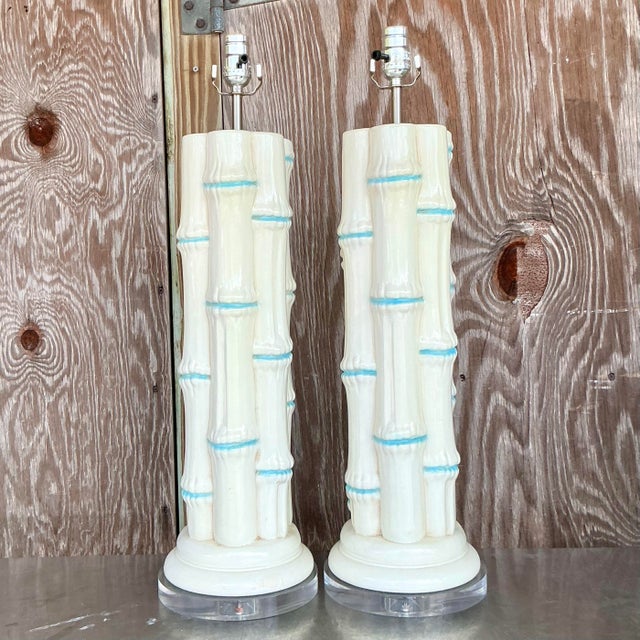 Coastal Vintage Coastal Glazed Ceramic Bamboo Lamps - a Pair For Sale - Image 3 of 7