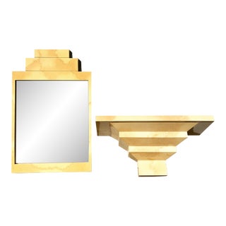 Karl Springer Style Lacquered Goatskin Mirror & Floating Console For Sale