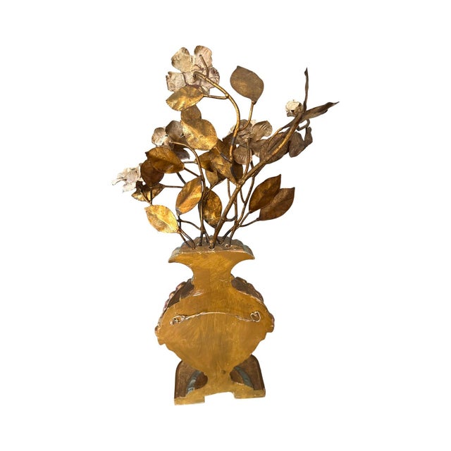 Wood Antique Italian Gilded Wood Middle Urns With Metal Flowers- A Pair For Sale - Image 7 of 7