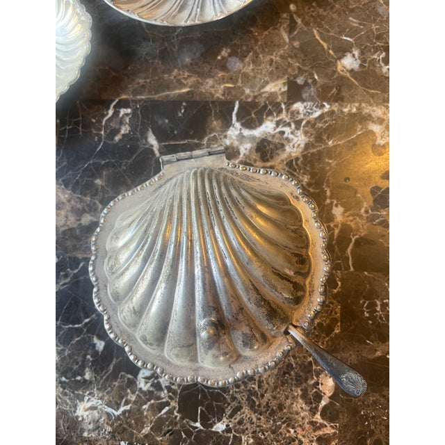 Vintage Silver and Glass Shell Caviar Dishes with knife. The silver shell opens to a frosted glass shell that sits inside....