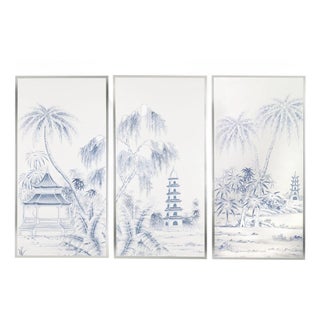Hand Painted Chinoiserie Wallpaper Mural With Blue and White Landscape, Oriental Scenery Wall Art For Sale