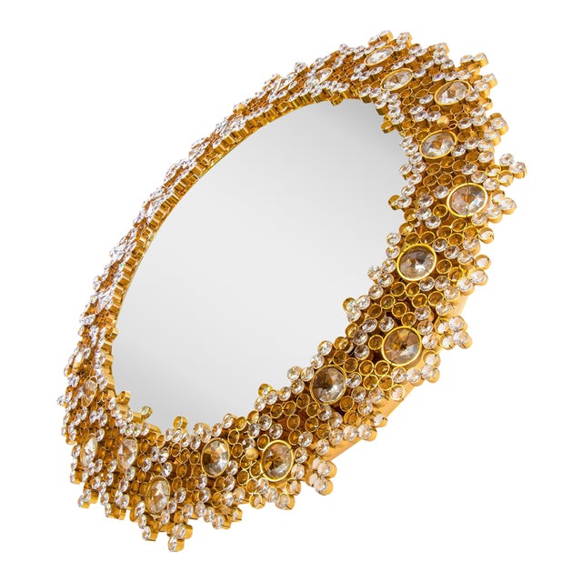German Gilded Backlit Mirror in Swarovski Crystals & Brass from Palwa, 1960s For Sale