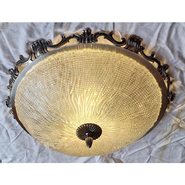 1970s Large Vintage Ceiling Lamp with Silver-Plated Metal Frame and Clear Relief Glass Shade from Kaiser-Leuchten, 1970s For Sale - Image 5 of 9