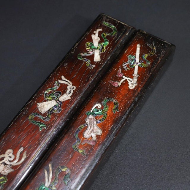 Wood Late 19th Century Pair of Wooden Paperweights With Mother-of-Pearl Eight Treasures Inlay For Sale - Image 7 of 10