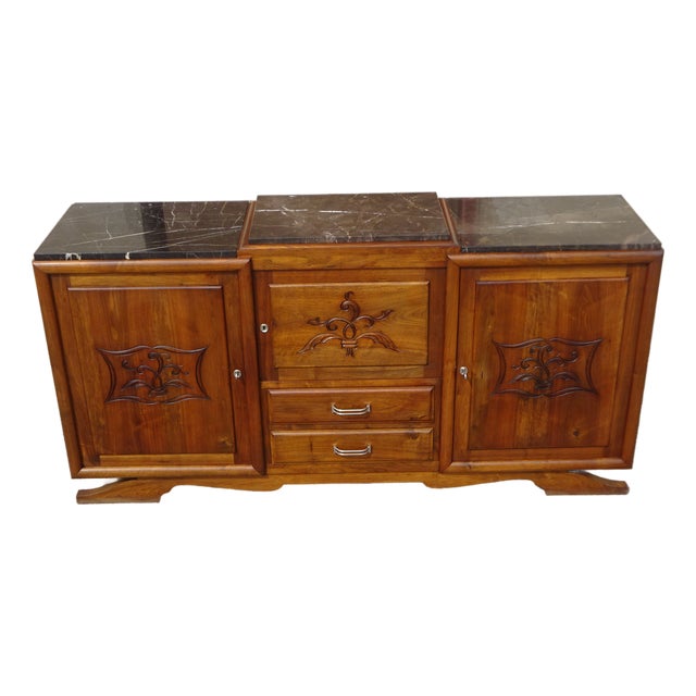 Large Sideboard in Walnut and Black Marble, 1950s For Sale