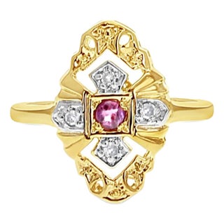 Vintage Style Pave Ruby Diamond Ring 14k Yellow Gold, Size 6 For Sale