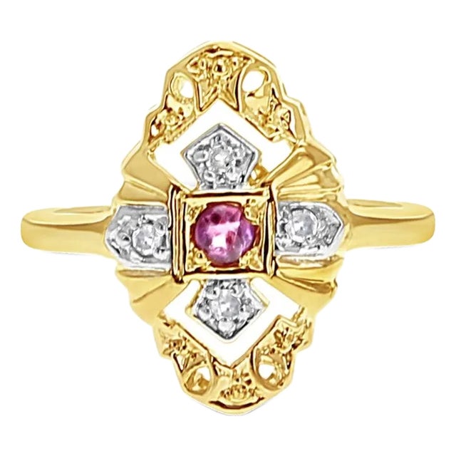 Vintage Style Pave Ruby Diamond Ring 14k Yellow Gold, Size 6 For Sale