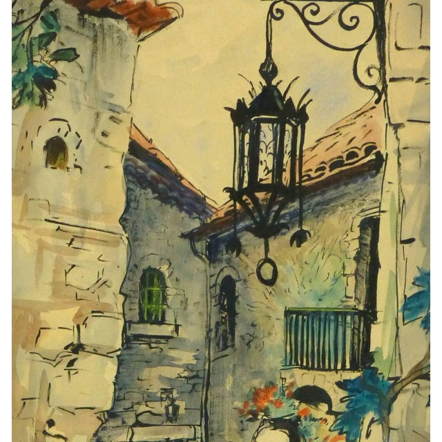Traditional Augustin Faure, Vintage French Watercolor - Village De Provence For Sale - Image 3 of 5