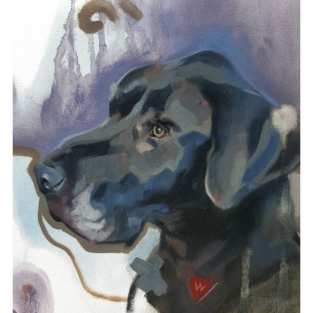 This oil painting captures the soulful gaze of a black dog, its expressive features rendered with a blend of soft...