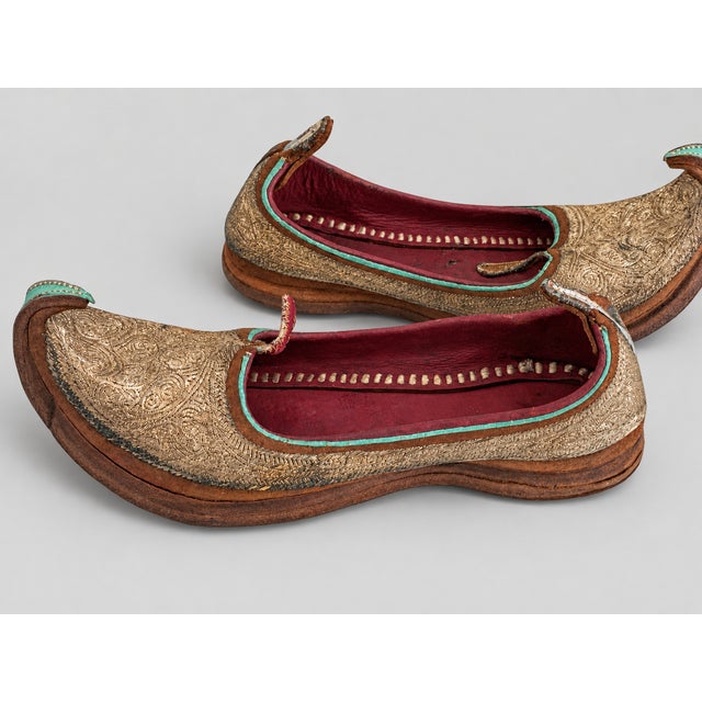 An exceptional pair of antique Indian mojari (khussa) ceremonial shoes, dating to the late 19th or very early 20th...
