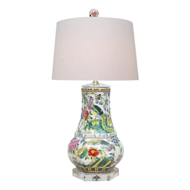 Chinoiserie Colorful Phoenix Bird Porcelain Table Lamp With Crystal Base For Sale