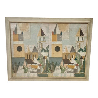 Framed Large Vintage Decorative Linen With Cityscape For Sale