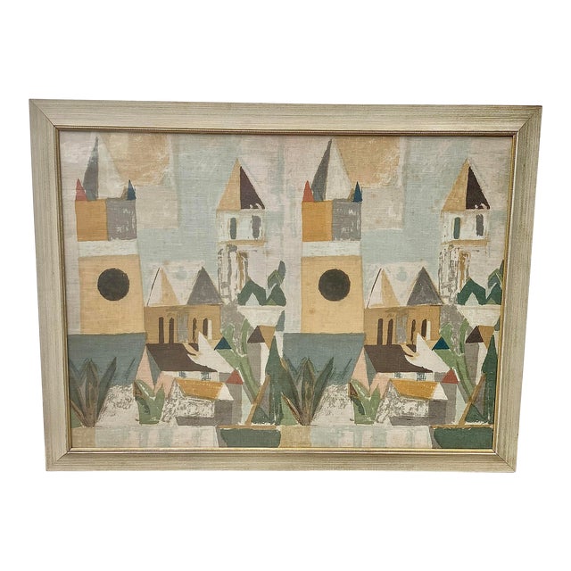 Framed Large Vintage Decorative Linen With Cityscape For Sale