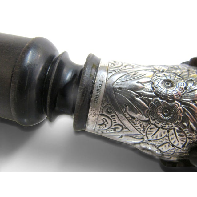 Horn & Sterling Silver Repousse Flower Corkscrew Gadget Walking Stick Cane For Sale - Image 9 of 13