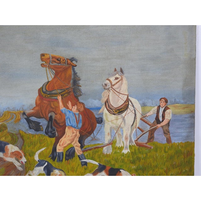 Textile Early 20th Century Folk Art Horses and Hounds Painting For Sale - Image 7 of 10