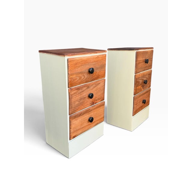Farmhouse Vintage Handmade Solid Wood Pair of Nightstands Refinisfed in Walnut and Sage Green For Sale - Image 3 of 9