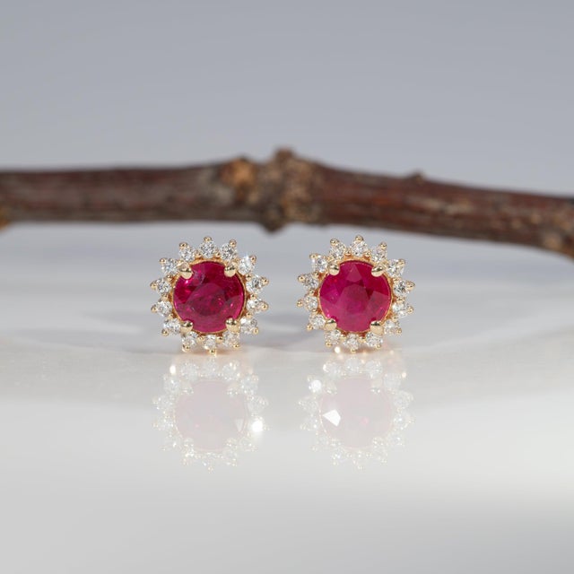 Aa Burma Ruby Earrings With Earth-Mined Diamond Accents in Solid 14k Gold, 5mm For Sale - Image 4 of 8