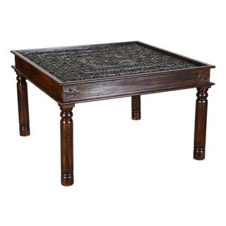 1990s Indian Rustic Dark Brown Reclaimed Wood Lotus Carved Dining Table For Sale