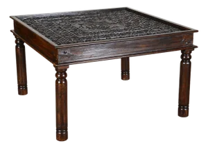 1990s Indian Rustic Dark Brown Reclaimed Wood Lotus Carved Dining Table