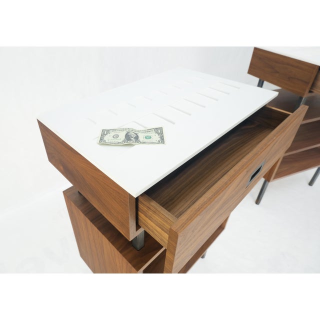 Pair of Oiled Walnut 1 Drawer 3 Tier Side End Tables Stands Composite Top Mint! For Sale - Image 6 of 14