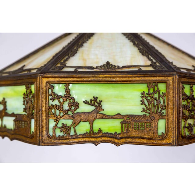 Early 20th Century Pale Green-Amber Slag Glass Pendant Light With Scenic Trim For Sale - Image 9 of 12