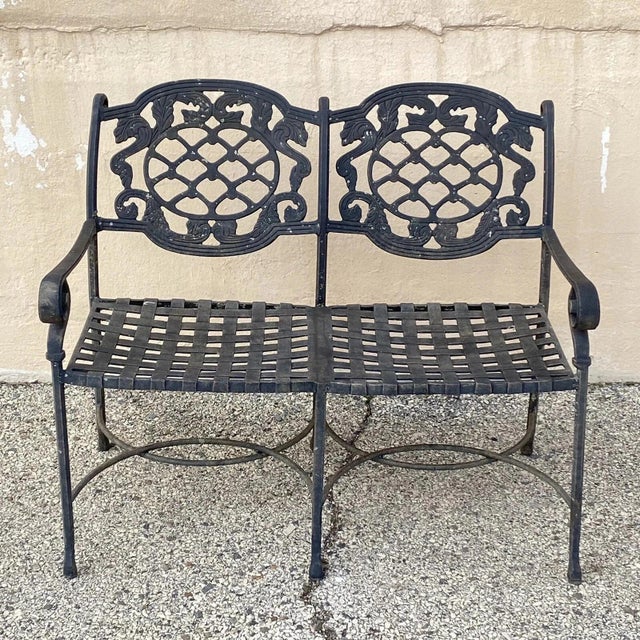 Tuscan Mediterranean Style Cast Aluminum Garden Patio Settee Loveseat Bench. Circa 21st Century, Pre-owned. Measurements:...