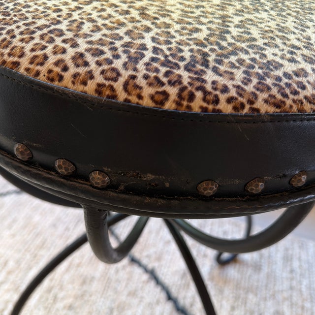 Vintage Wrought Iron Vanity Stool With Leopard Upholstery For Sale In New York - Image 6 of 10