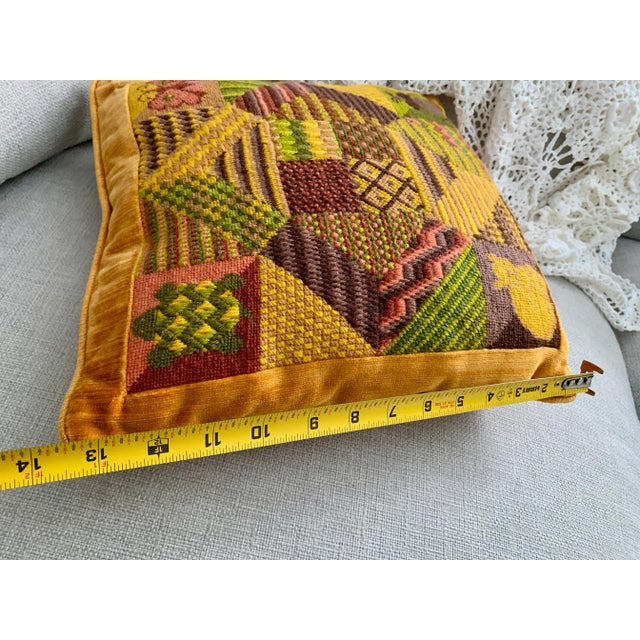 Vintage Handmade Bargello Needlepoint Embroidered Decor Pillow 14” X 14” Wool Yarn Back to Velvet Mustard Green Bronze For Sale - Image 11 of 12