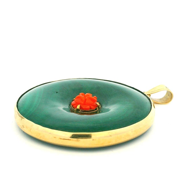Vintage Italian 14k Gold Jade and Carved Coral Statement Pendant For Sale - Image 9 of 11