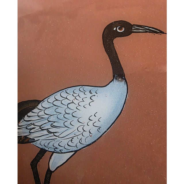 Reverse oil color glass painting of a white crane, hand made distressed frame from Rajasthan, India