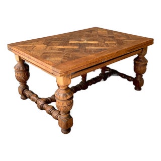 Vintage Spanish Carved Wood Parquet Extendable Dining Table For Sale