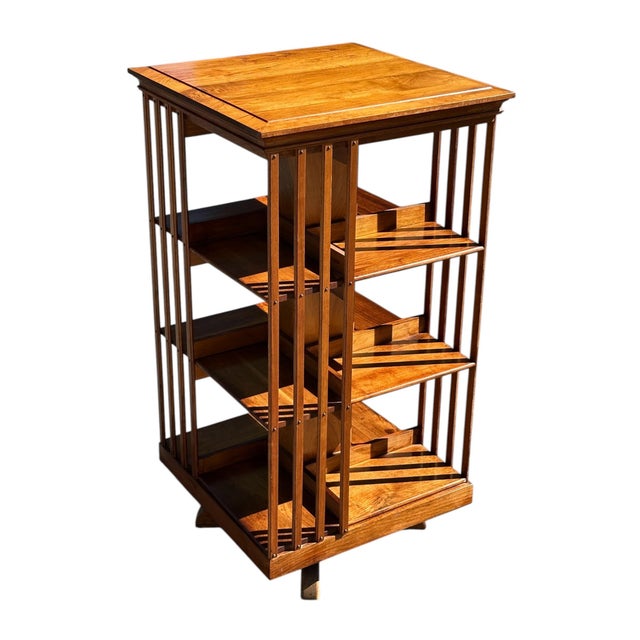 Arts & Crafts Antique Arts & Crafts Walnut Three Tier Revolving Bookcase Excellent Condition For Sale - Image 3 of 12