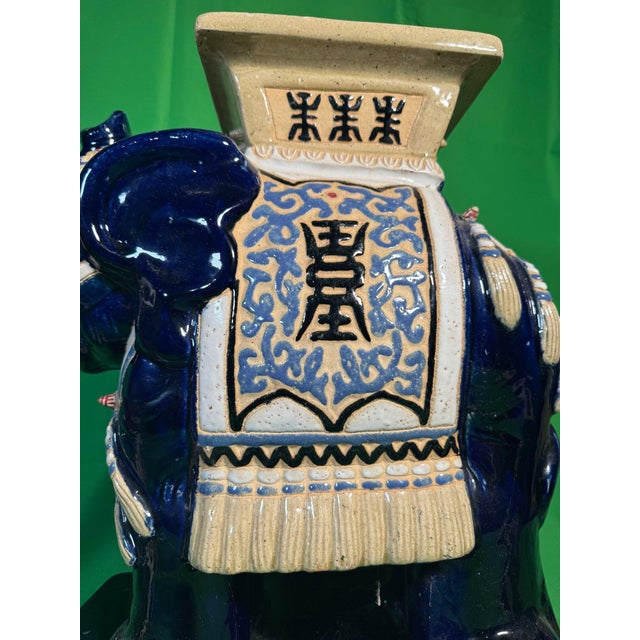 Blue Mid 20th Century Large Chinese Cobalt Blue Ceramic Elephant Garden Seat With Shou and Bat Motifs For Sale - Image 8 of 8