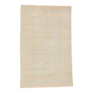 1980s Contemporary Allover Geometric Floral Champagne & Mint Wool Low Pile Hand-Knotted Rug - 6’1” x 9’8” For Sale