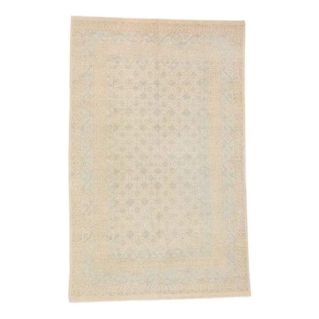 1980s Contemporary Allover Geometric Floral Champagne & Mint Wool Low Pile Hand-Knotted Rug - 6’1” x 9’8” For Sale