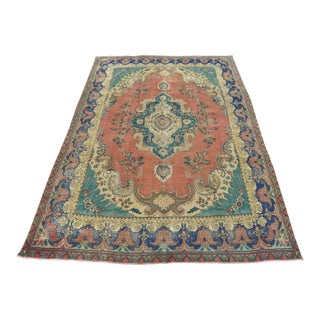 Tabriz Rug 9’8” X 12’9” Pink Wool Vintage Distressed Hand-Knotted Carpet For Sale
