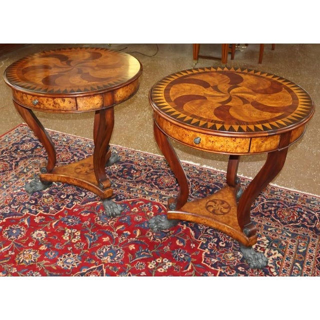 Theodore Alexander Pair of Theodore Alexander Burl Inlaid Metal Mount Occasional End Tables For Sale - Image 4 of 15