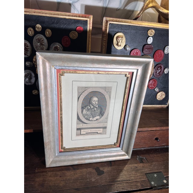 Wood 17th Century Engraving Displayed in Fine Mated, Gilt and Painted Frame For Sale - Image 7 of 12