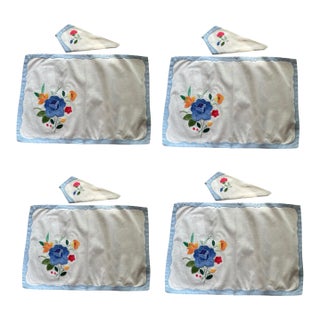 Set 8 Vintage 4 Placemats & 4 Matching Napkins Early to Mid 20th Century Blue Farmhouse Embroidered Tatting Shabby Chic Traditional English Cottage For Sale