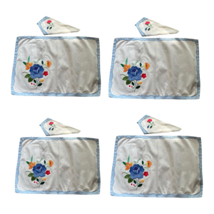 Vintage Set of 4 Placemats & Matching Napkins Early to Mid 20th Century Blue Farmhouse Embroidered Tatting Shabby Chic Traditional English Cottage