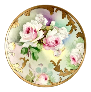 Late 19th Century Antique Royal Austria Victorian Hand Painted Limoges Gilt Pink Roses Plate