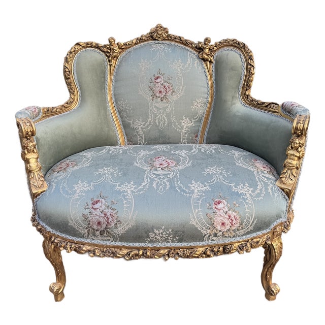 1950 French Louis XVI Gold Beech Damask Settee - 1 Pc For Sale