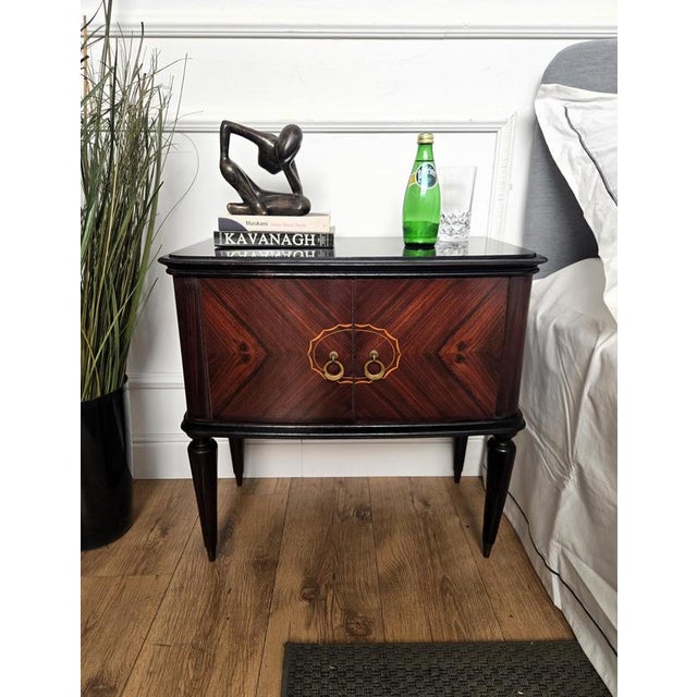 Very elegant and refined Italian 1950s Mid-Century Modern design, pair of bedside tables with double front door, black...