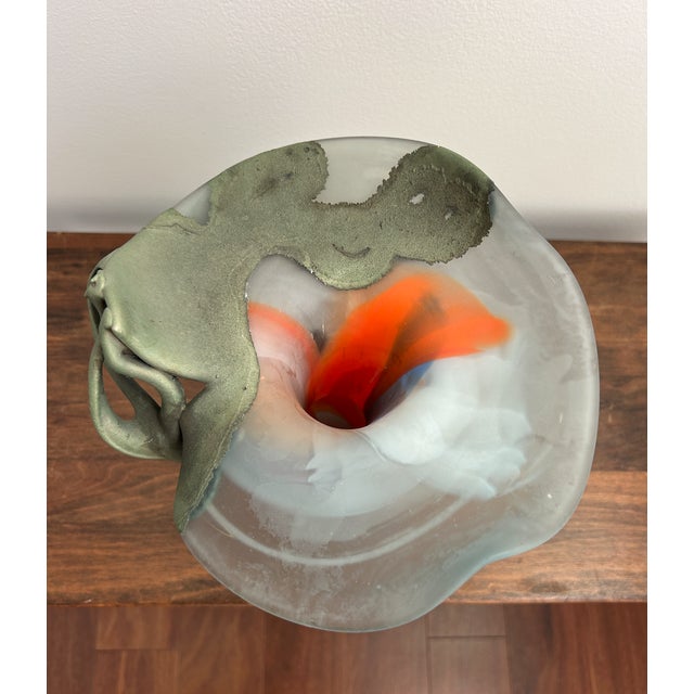 F. Silviy Signed Italian Art Glass Vase – Sculptural Pâte De Verre & Patinated Metal – Murano, Venice Italy – 20th Century For Sale - Image 10 of 15