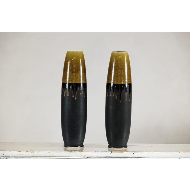 Artisan Slim Ochre and Black Ceramic Vases with Drip-Glaze Tops - A Pair For Sale - Image 13 of 18