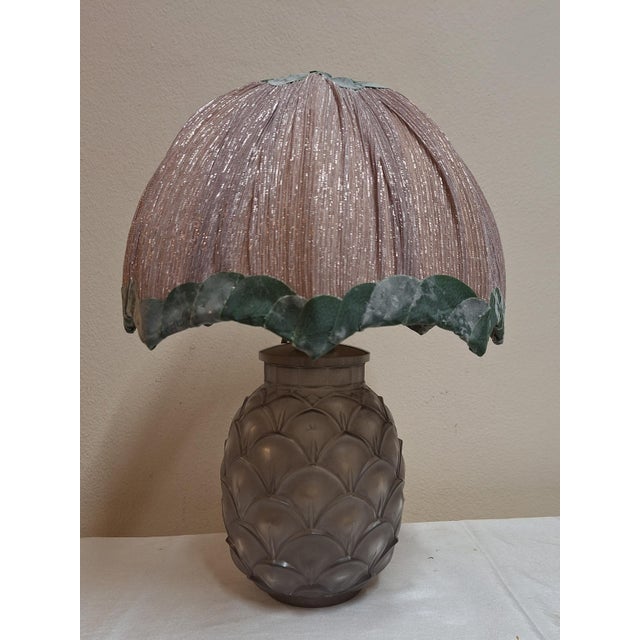 Art Deco Belgian Pineapple Lamp with Frosted Crystal Glass Base and Handmade Fabric Shade by Christalleries De Val St Lambert for Lamplove For Sale - Image 3 of 12