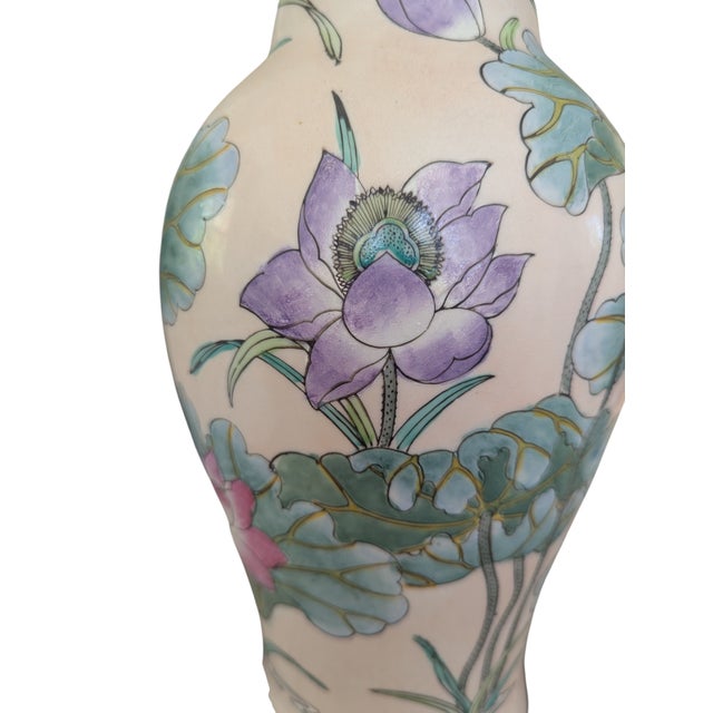 Antique Chinoiserie Porcelain Enamel Lotus Flower Vase Lamp For Sale - Image 15 of 18